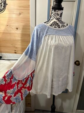 Boho Floral Bell-Sleeve Top - White, Light Blue & Red